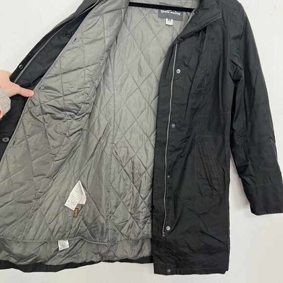 Eddie Bauer Trench Coat Black Insulated Hooded Raincoat StormRepel Womens Medium - Picture 4 of 7